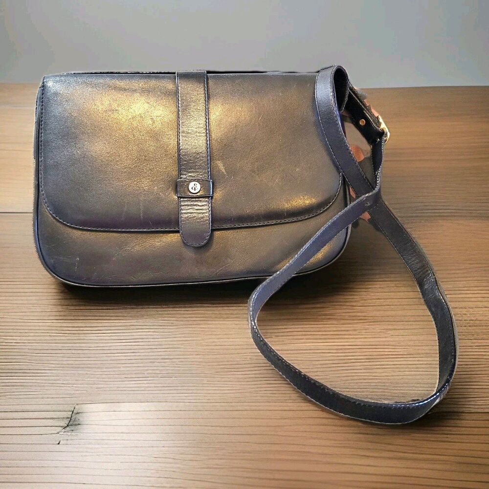 Vintage 80s Minimalist Louvier Black Leather Crossbody Structured Flap Bag